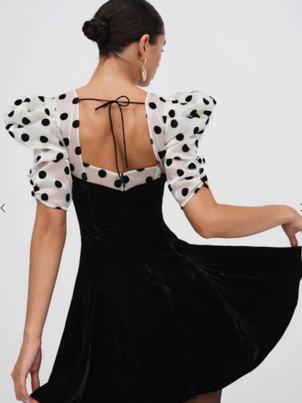 BRAND NEW - For Love & Lemons Black Mini Dress with White Polka Dot Puff Sleeves - Picture 3 of 11